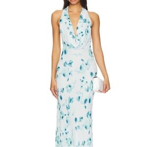 Blue Sleeveless Halter Gown for Wedding Guests